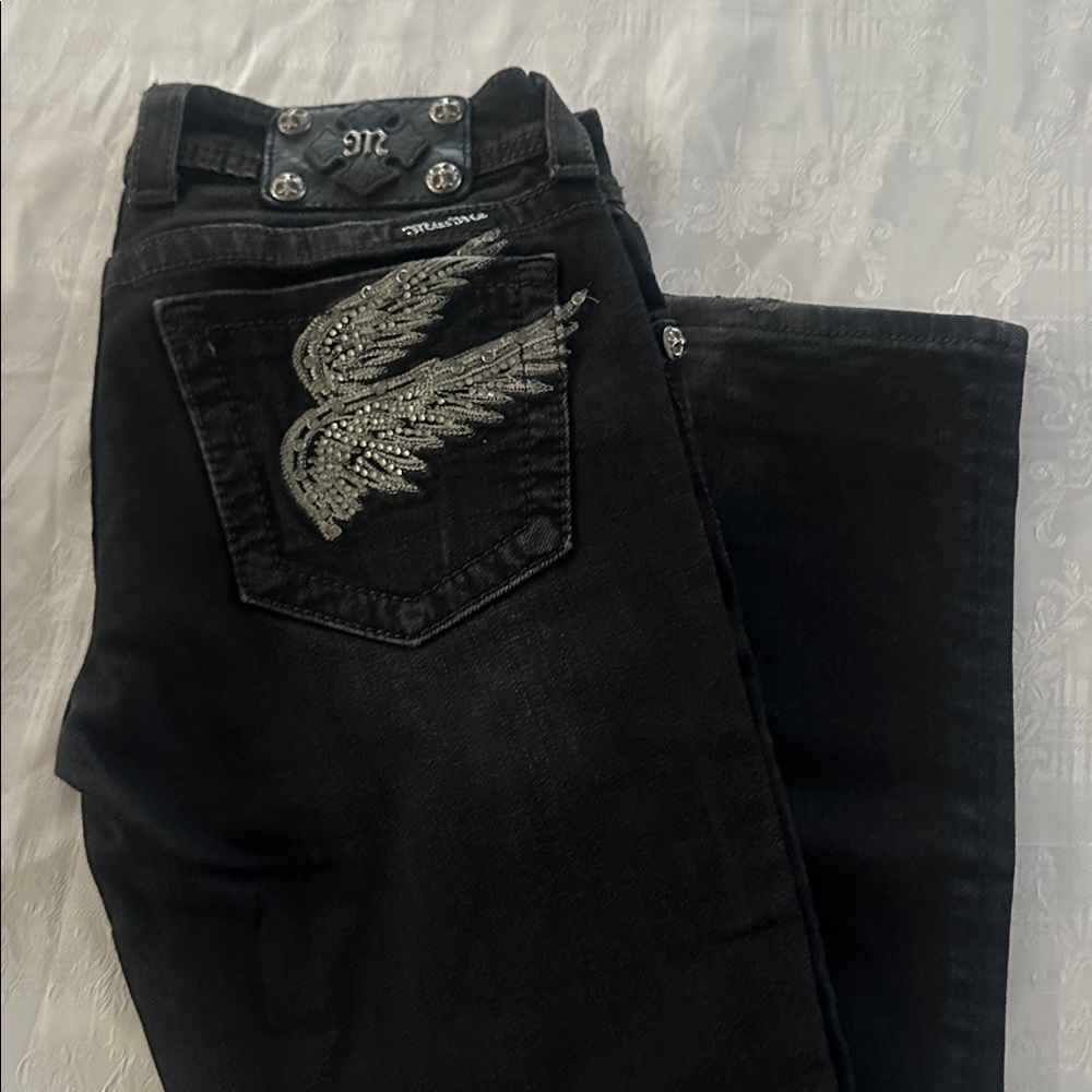Tate Miss Me Black Denim with Silver Embellished Wings. Like new - Picture 2 of 5